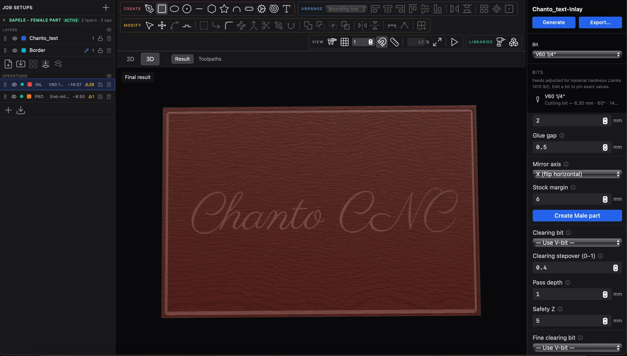 The ChantoCNC workspace: a script-lettered inlay sign shown as the 3D result, with its layers and operations on the left and the V-bit inlay parameters on the right